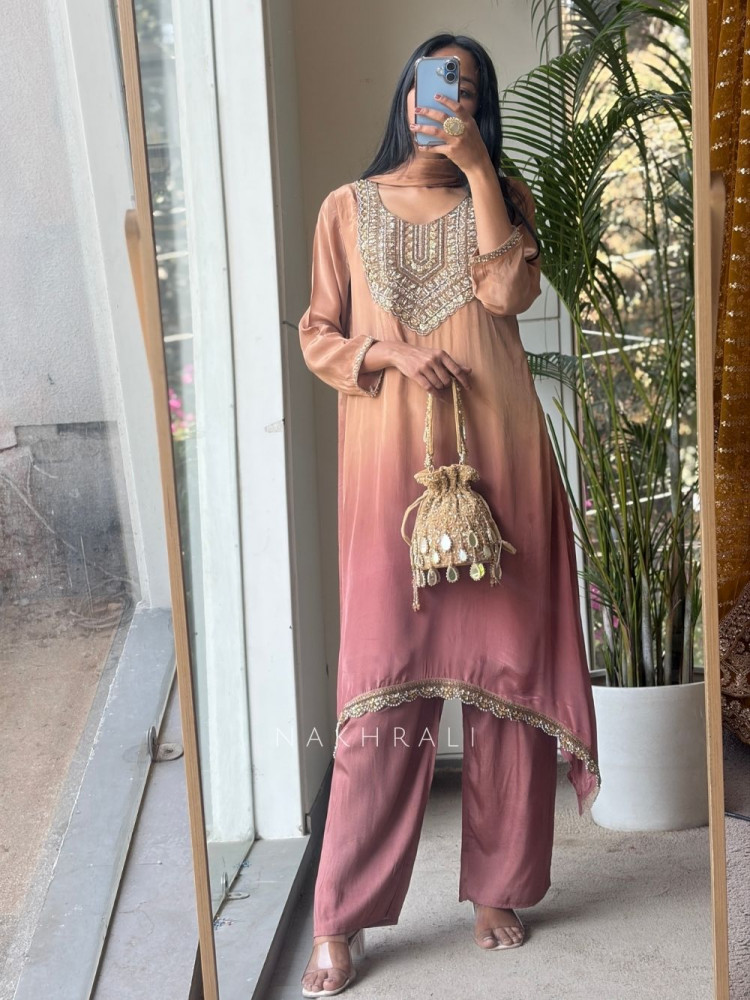 Image of Ombre Brown Kurta Palazzo Set with Heavy Bead and Sequin Embroidery