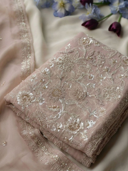 Celyra Peach Floral Embroidered Dress Material with Sequin Detail