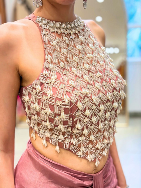 Ruched Pink Halter Neck Crop Top Skirt Set with Cut Dana, Pearl and Bead Work