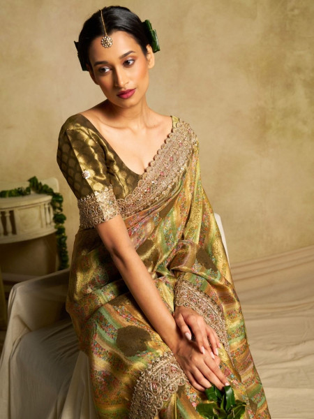 Parisa Green Tissue Dola Silk Saree with Heavy Zardozi Border