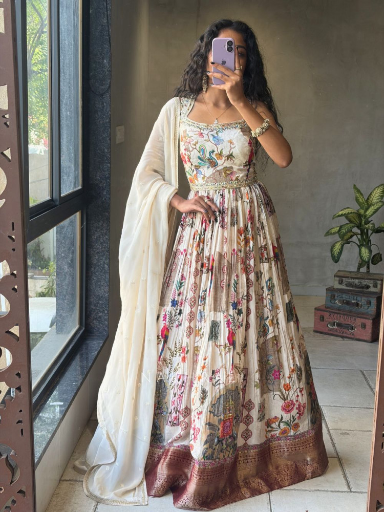 Image of Zarvella Cream Anarkali with Artistic Printed Work and Dupatta