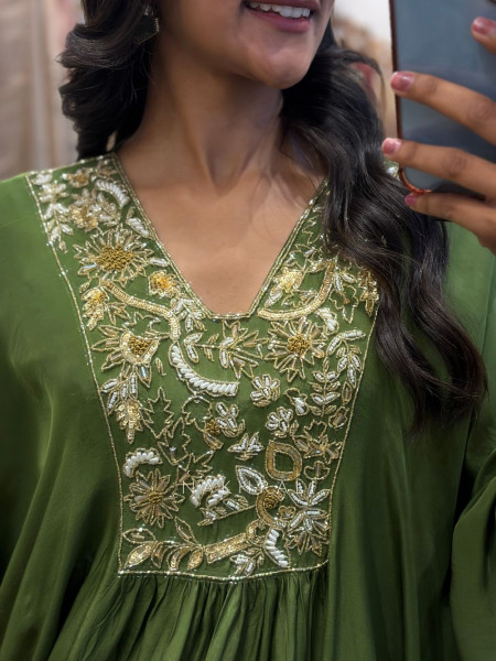 Lehar Green Kaftan Set with Sequin and Cut Dana Yoke and Sleeve Work