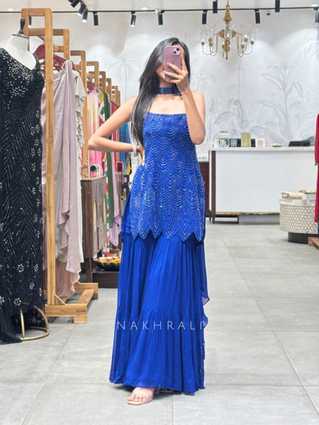 Royal Aura Blue Gharara Set with Pearl and Cutdana Work