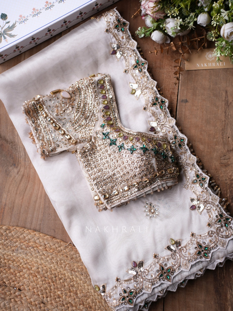 Image of Marrakesh Noor Cream Saree with Readymade Blouse And Cutdana Mirror Work