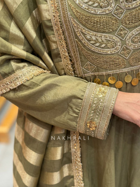 Nakkashi Green Suit Set with Embroidery Sequin Work