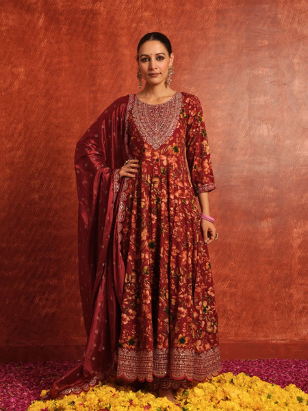 Vanya Maroon Cotton Anarkali Set with Zari & Sequin Work