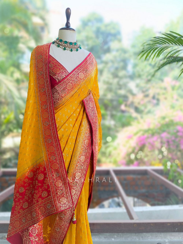 Image of Kanakam Yellow Brocade Saree with Woven Border