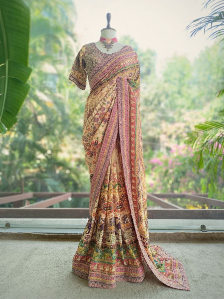 Prajakta Cream Saree with Mirror and Stone Work