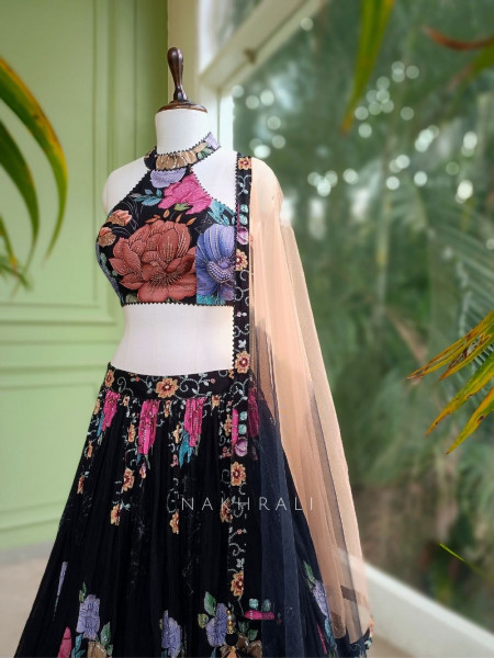 Zyra Black Floral Lehenga with Sequin Embellished Halter Blouse