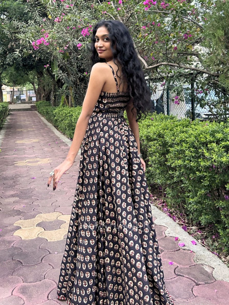 Printed Black Spaghetti Cotton Maxi Dress