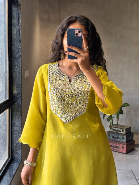 Zarika Parrot Green Kurti Pant Set with Mirror Work Yoke