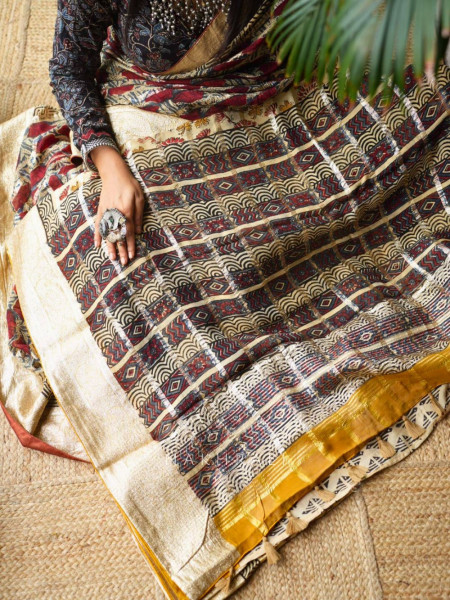 Tarang Beige & Multicolor Saree with Hand Block Print