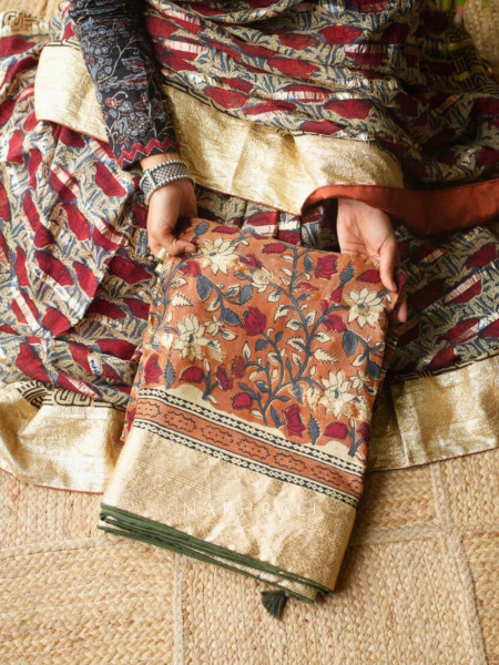 Tarang Cream & Rust Printed Saree with Zari Detailing