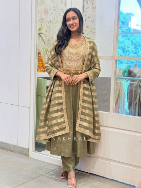 Nakkashi Green Suit Set with Embroidery Sequin Work