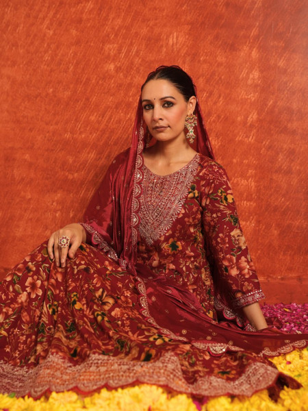 Vanya Maroon Cotton Anarkali Set with Zari & Sequin Work