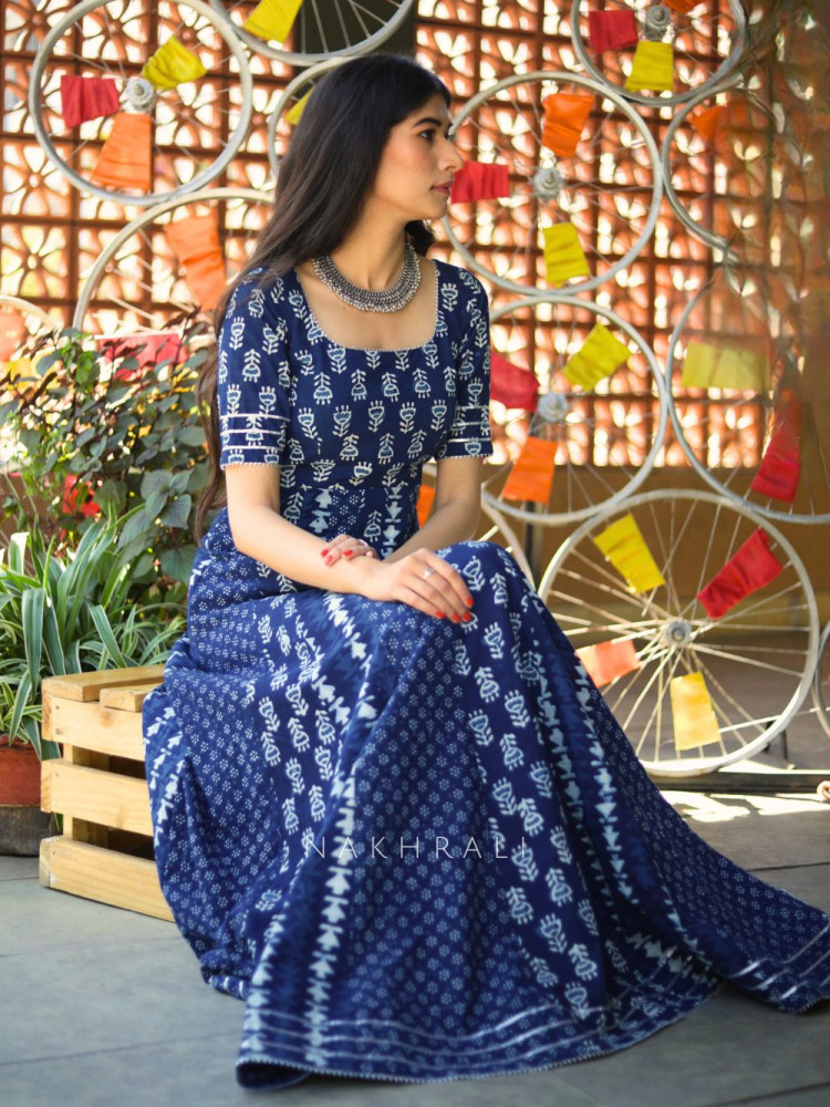 Image of Amara Blue Cotton Block Printed Long Dress