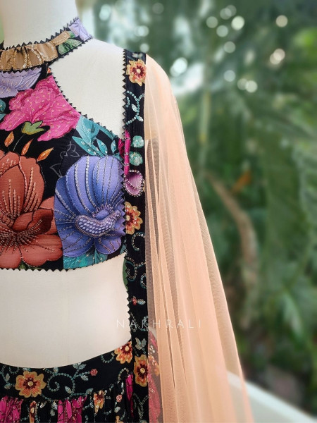 Zyra Black Floral Lehenga with Sequin Embellished Halter Blouse
