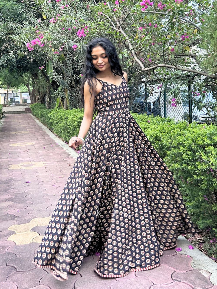 Image of Printed Black Spaghetti Cotton Maxi Dress