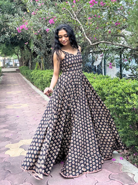 Printed Black Spaghetti Cotton Maxi Dress