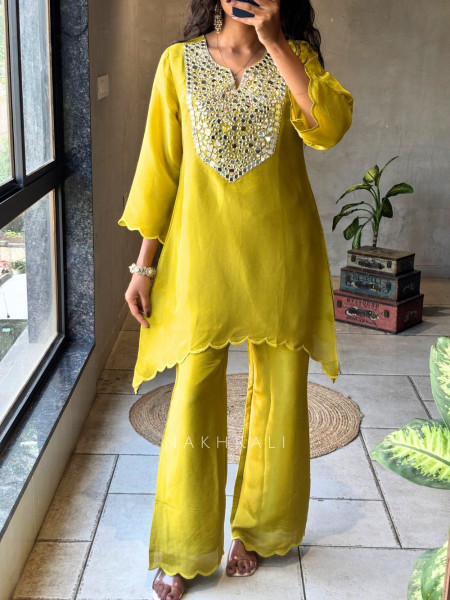 Zarika Parrot Green Kurti Pant Set with Mirror Work Yoke