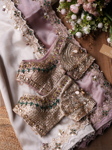 Marrakesh Noor Cream Saree with Readymade Blouse And Cutdana Mirror Work