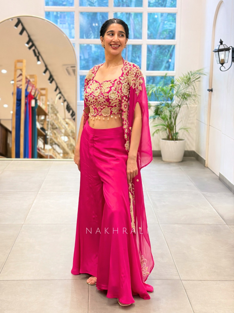 Image of Floral Fusion Pink Indo-Western Palazzo Set