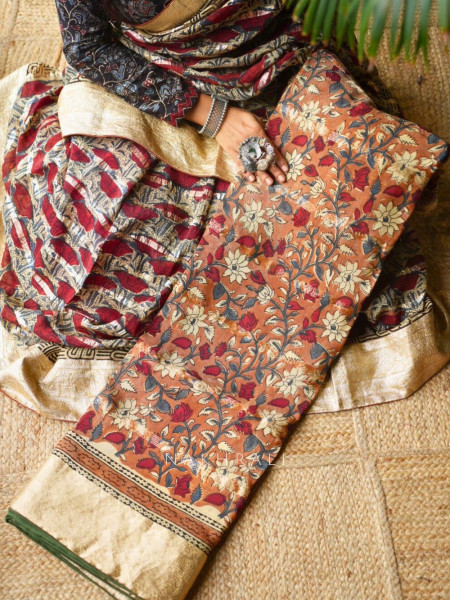 Tarang Cream & Rust Printed Saree with Zari Detailing