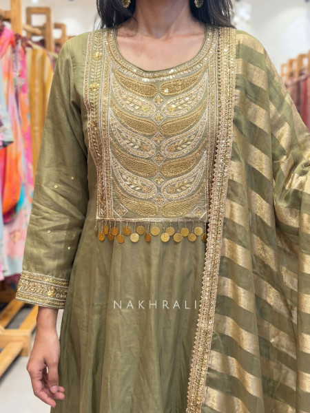 Nakkashi Green Suit Set with Embroidery Sequin Work