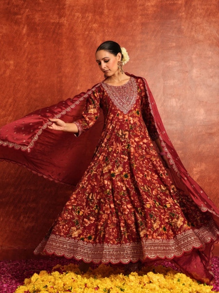 Vanya Maroon Cotton Anarkali Set with Zari & Sequin Work