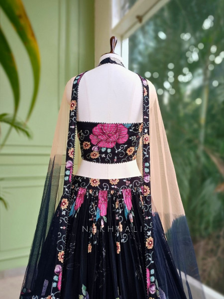 Zyra Black Floral Lehenga with Sequin Embellished Halter Blouse