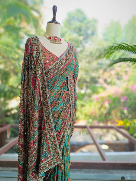 Alankar Rama Green Saree with Embroidery Sequin and Mirror Work