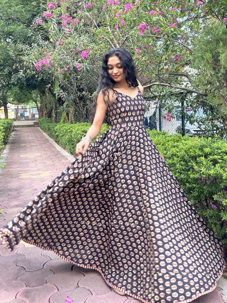 Printed Black Spaghetti Cotton Maxi Dress