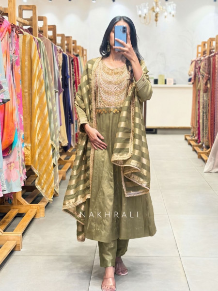 Nakkashi Green Suit Set with Embroidery Sequin Work