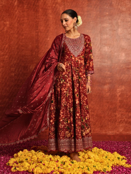 Vanya Maroon Cotton Anarkali Set with Zari & Sequin Work