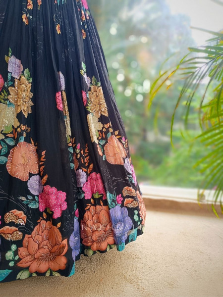 Zyra Black Floral Lehenga with Sequin Embellished Halter Blouse