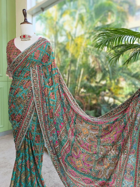 Alankar Rama Green Saree with Embroidery Sequin and Mirror Work