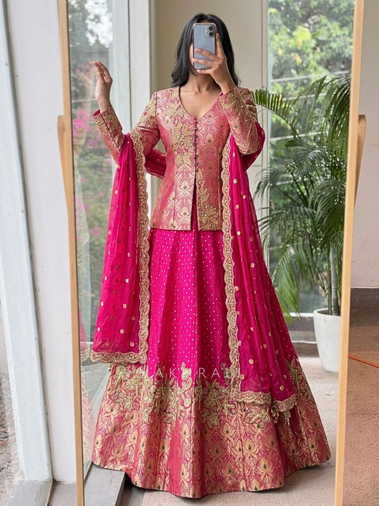 Image of Magenta Brocade Jacket Silk Lehenga with Zari Work