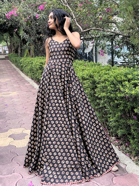 Printed Black Spaghetti Cotton Maxi Dress