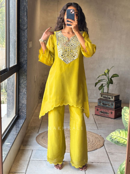 Zarika Parrot Green Kurti Pant Set with Mirror Work Yoke