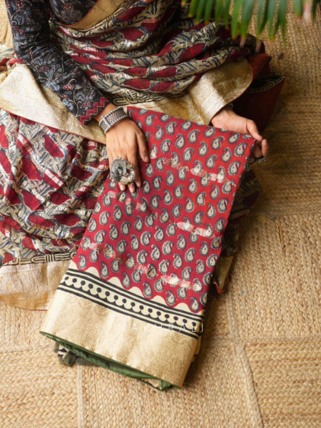 Tarang Red Paisley Handblock Saree