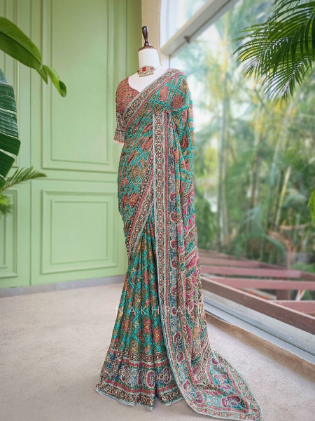 Alankar Rama Green Saree with Embroidery Sequin and Mirror Work