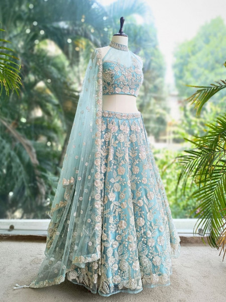 Aurelia Blue Net Lehenga with Sequin Embroidery