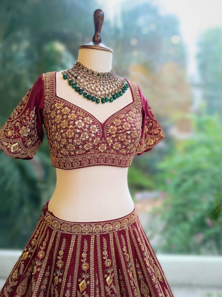 Zohra Maroon Bridal Lehenga with Hand Embroidery