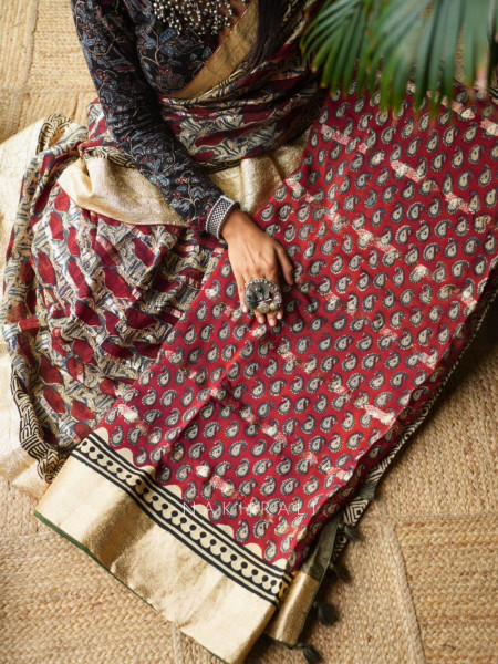 Tarang Red Paisley Handblock Saree