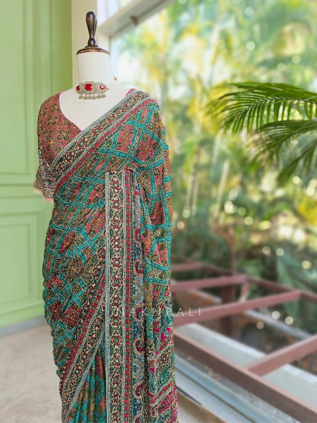 Alankar Rama Green Saree with Embroidery Sequin and Mirror Work
