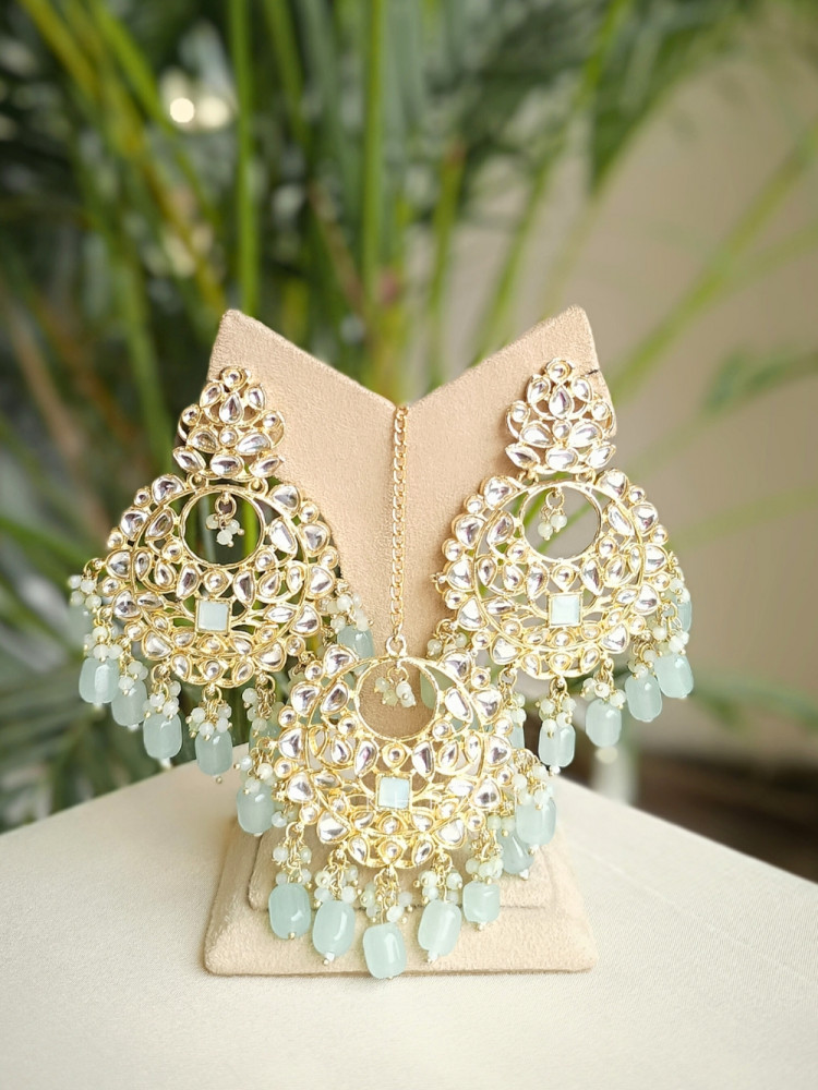 Image of Aurevi Sea Green Kundan Earring &amp; Tikka Set 541-Zyn03