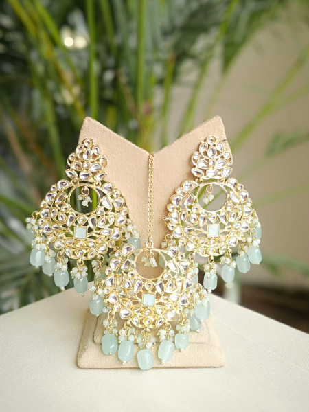 Aurevi Sea Green Kundan Earring & Tikka Set 541-Zyn03
