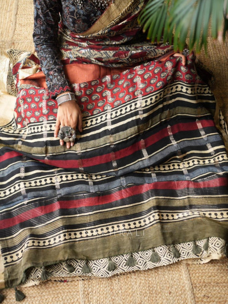 Tarang Red Paisley Handblock Saree