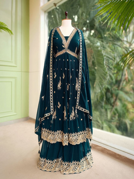 Elowen Teal Georgette Gharara Set with Zari Sequin Work