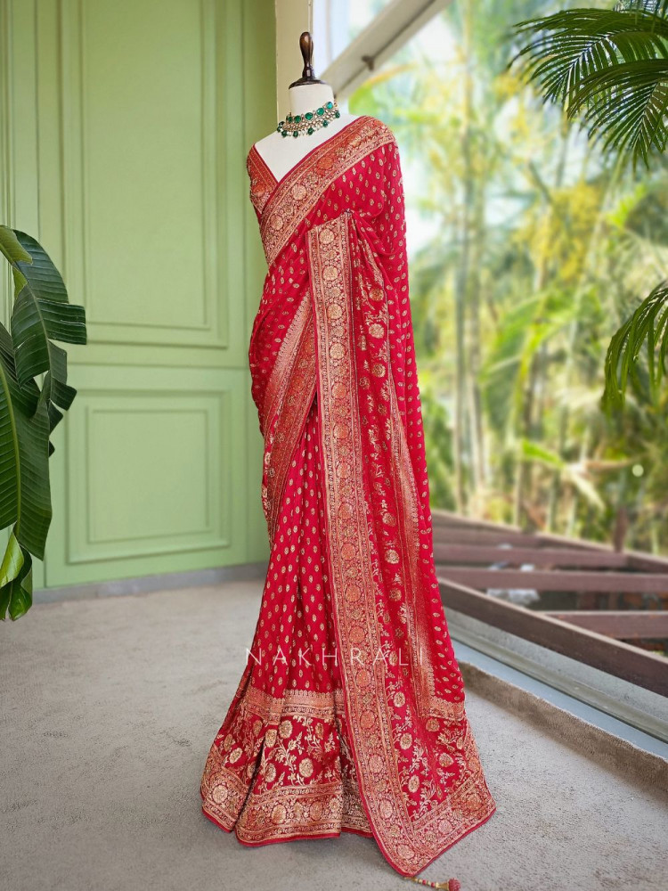 Image of Kanakam Red Brocade Saree with Woven Border